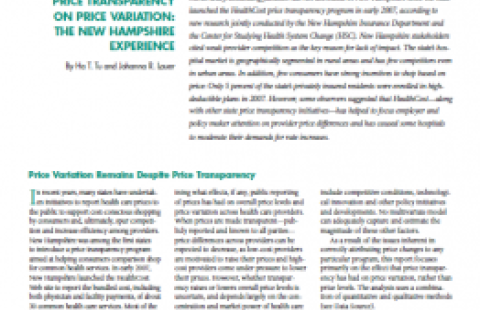 Impact of Health Care Price Transparency on Price Variation: The New Hampshire Experience, November 2009