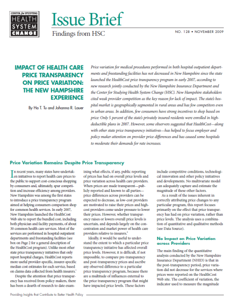 Impact of Health Care Price Transparency on Price Variation: The New Hampshire Experience report cover