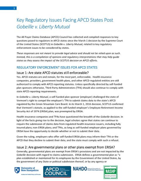 Key Regulatory Issues Facing APCD States Post Gobeille v. Liberty Mutual report